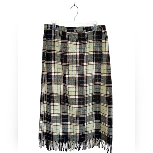 Evan Picone Blanket Wrap Maxi Skirt Green Plaid Wool-blend Fringed Lined Size 16 - Picture 3 of 12